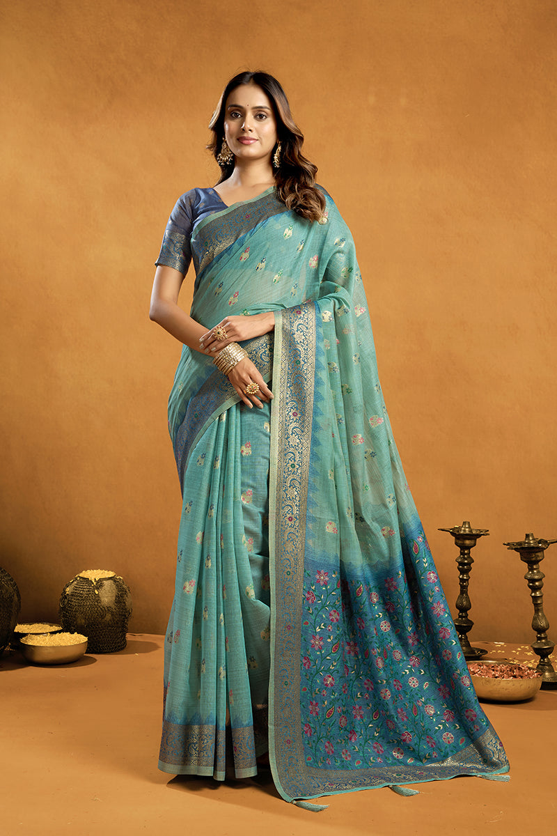 Monjolika Fashion Sea Green Cotton Blend Zari Woven Work Saree with Blouse Piece