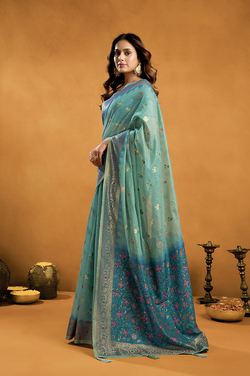 Monjolika Fashion Sea Green Cotton Blend Zari Woven Work Saree with Blouse Piece