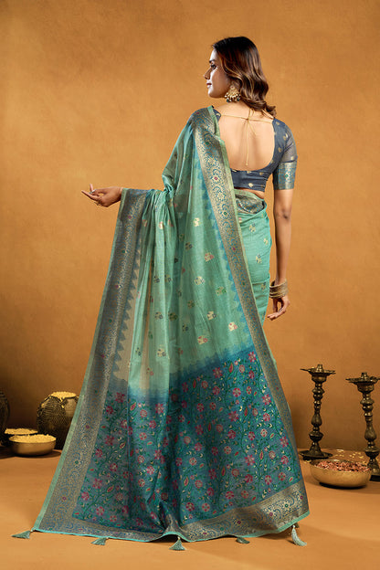 Monjolika Fashion Sea Green Cotton Blend Zari Woven Work Saree with Blouse Piece
