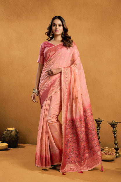 Monjolika Fashion Pink Cotton Blend Zari Woven Work Saree with Blouse Piece