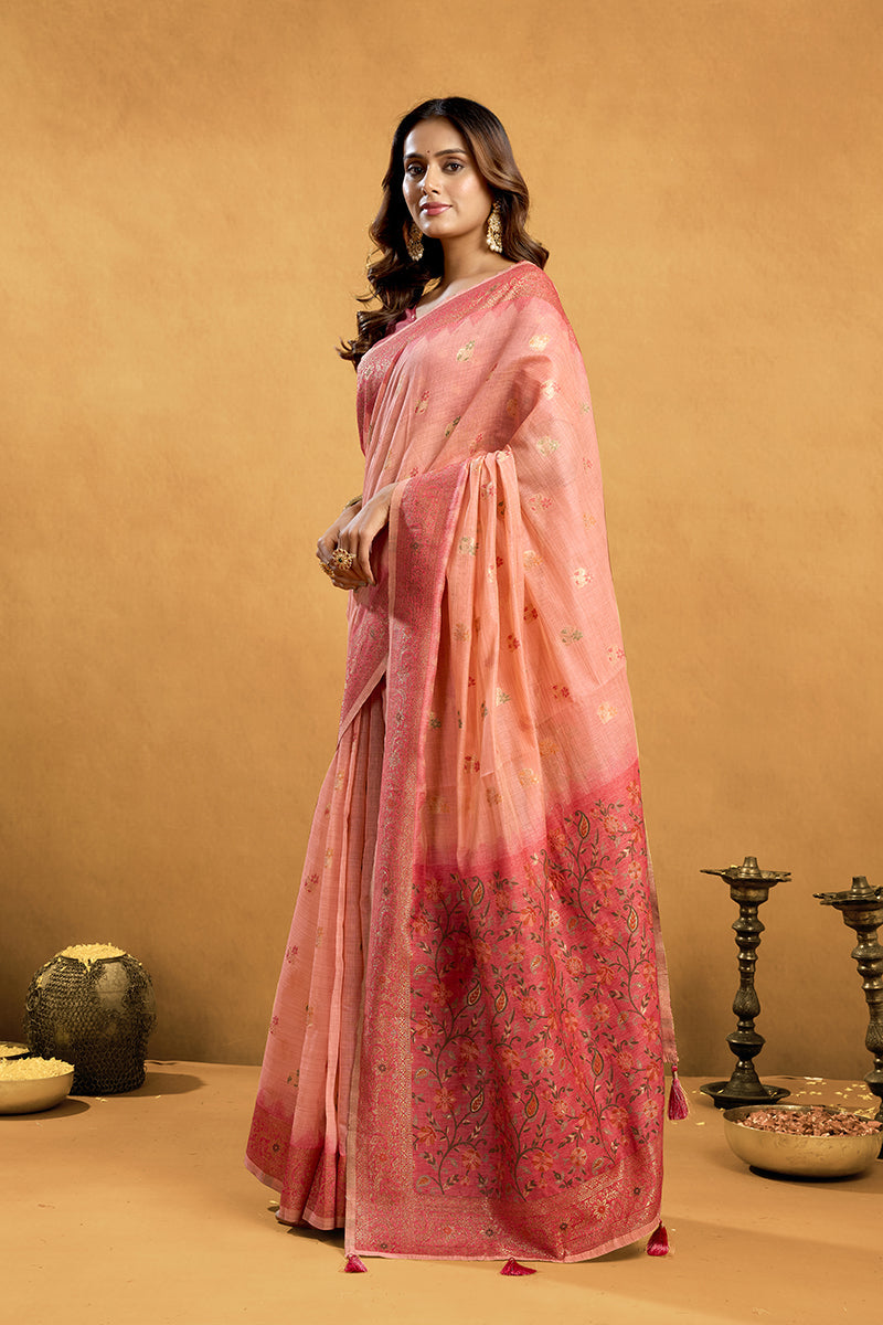 Monjolika Fashion Pink Cotton Blend Zari Woven Work Saree with Blouse Piece