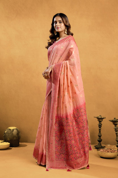 Monjolika Fashion Pink Cotton Blend Zari Woven Work Saree with Blouse Piece