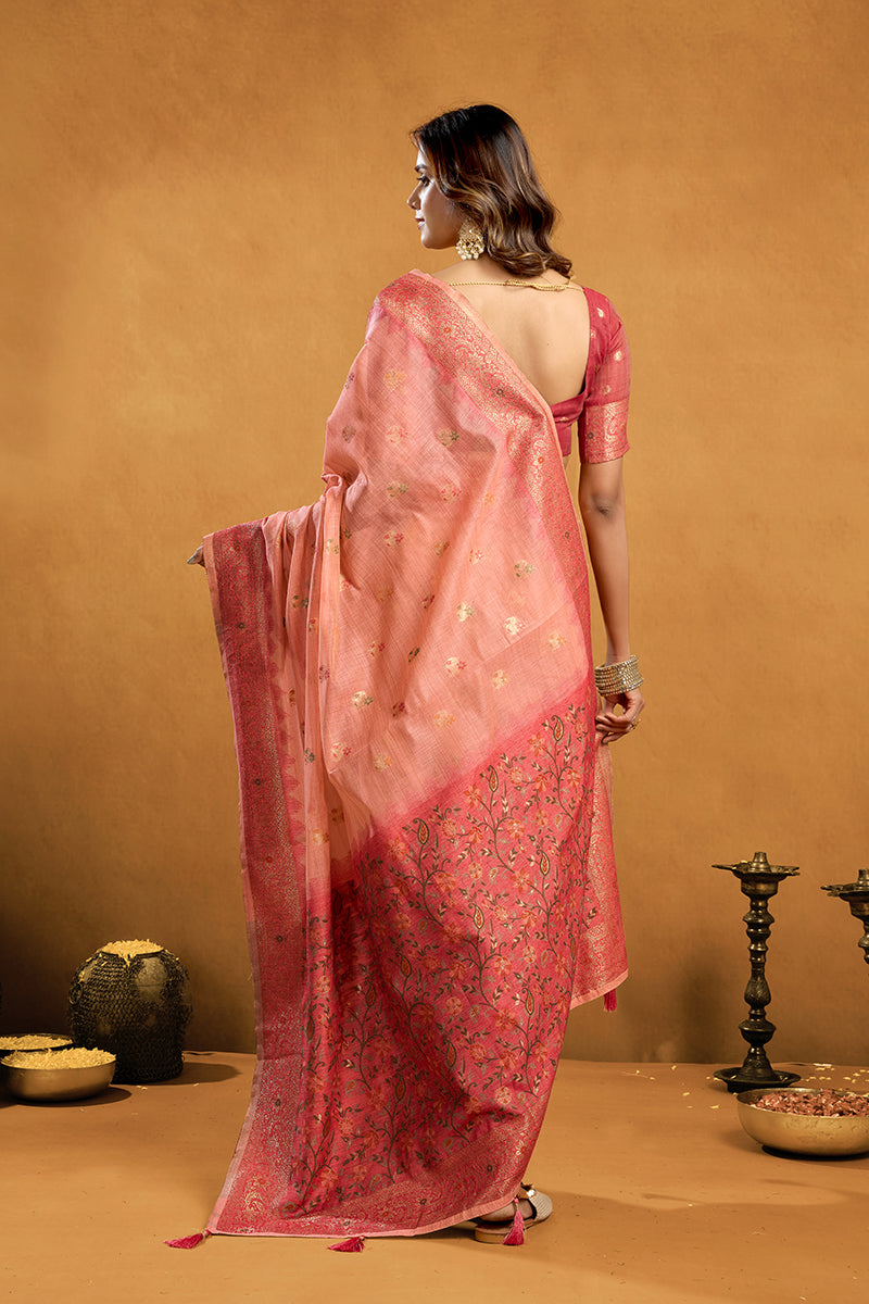 Monjolika Fashion Pink Cotton Blend Zari Woven Work Saree with Blouse Piece