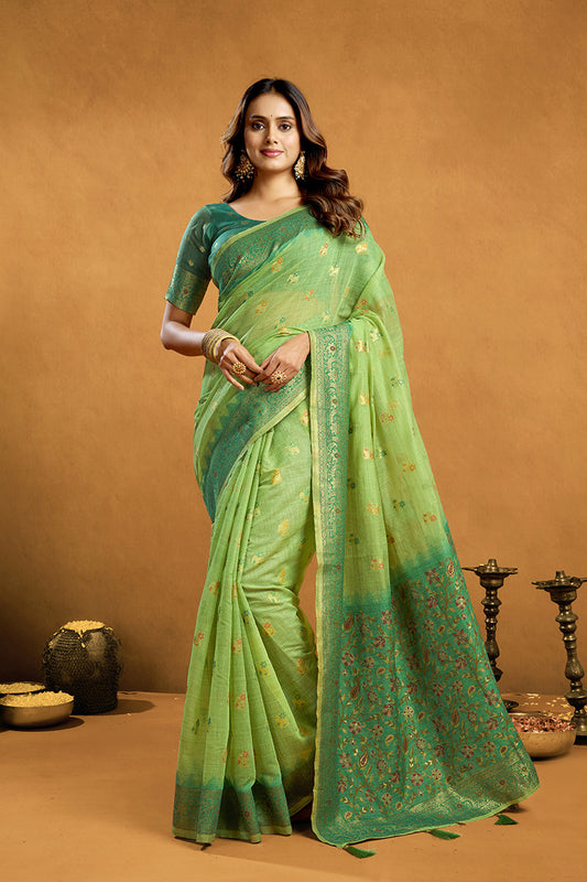 Monjolika Fashion Light Green Cotton Blend Zari Woven Work Saree with Blouse Piece