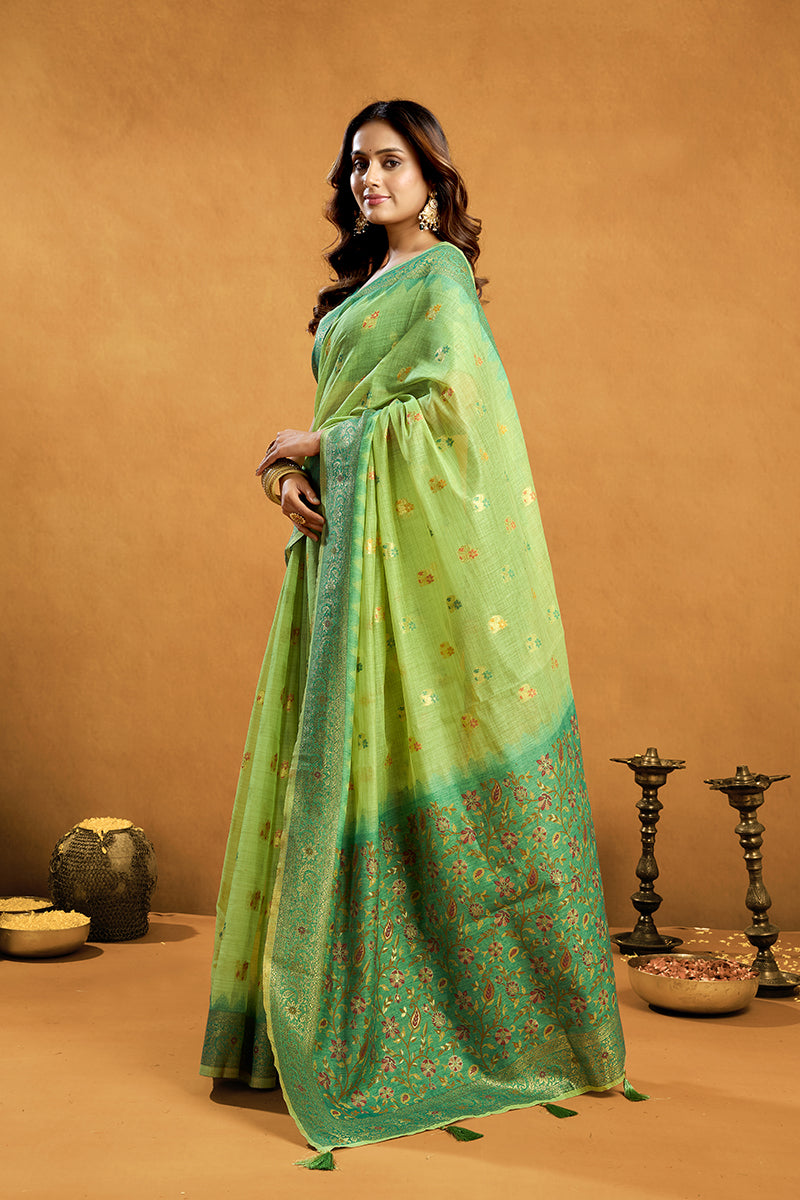 Monjolika Fashion Light Green Cotton Blend Zari Woven Work Saree with Blouse Piece