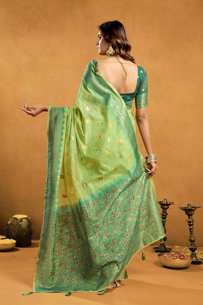 Monjolika Fashion Light Green Cotton Blend Zari Woven Work Saree with Blouse Piece