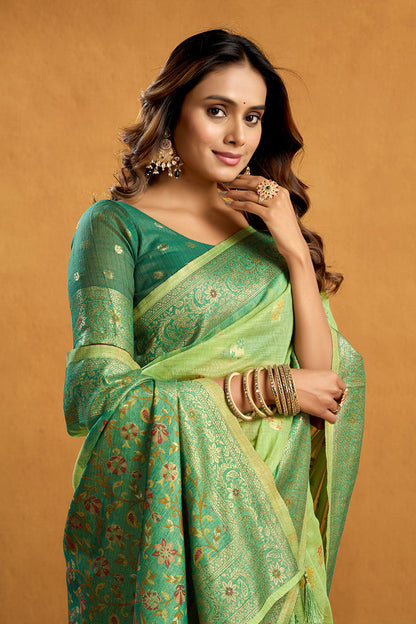 Monjolika Fashion Light Green Cotton Blend Zari Woven Work Saree with Blouse Piece
