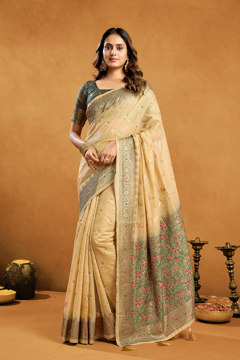 Monjolika Fashion Beige Cotton Blend Zari Woven Work Saree with Blouse Piece