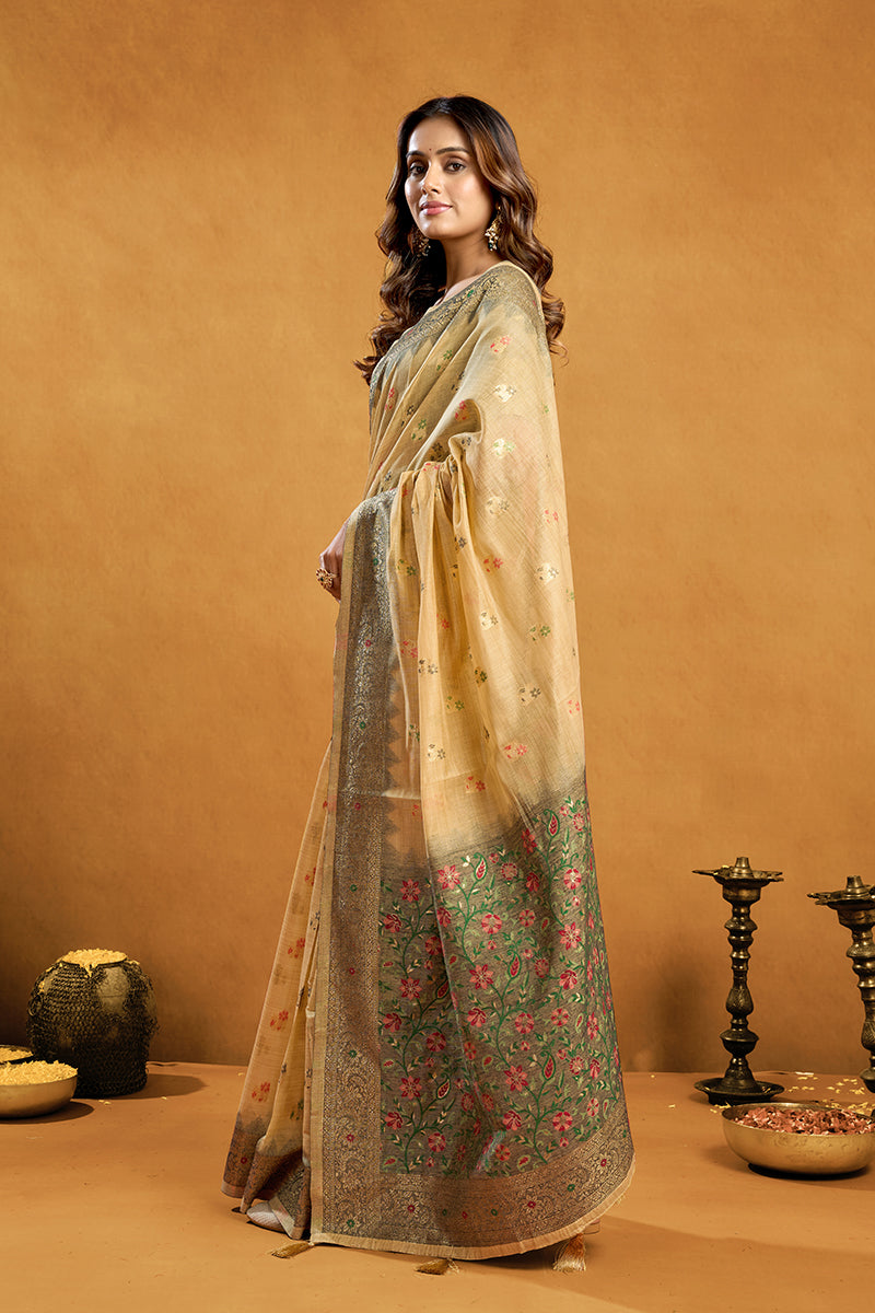 Monjolika Fashion Beige Cotton Blend Zari Woven Work Saree with Blouse Piece