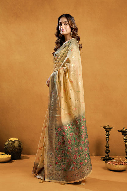 Monjolika Fashion Beige Cotton Blend Zari Woven Work Saree with Blouse Piece