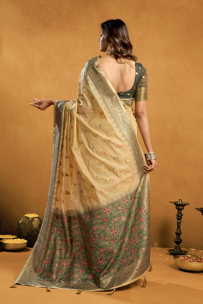 Monjolika Fashion Beige Cotton Blend Zari Woven Work Saree with Blouse Piece