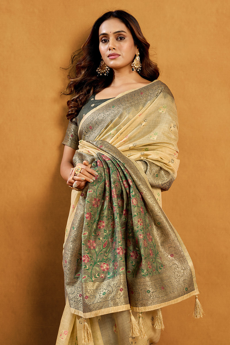 Monjolika Fashion Beige Cotton Blend Zari Woven Work Saree with Blouse Piece