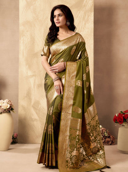 Monjolika Fashion Mehendi Green Banarasi Silk Blend Zari Weaving Saree With Blouse Piece