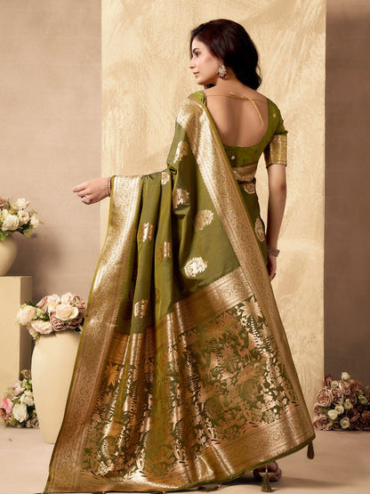 Monjolika Fashion Mehendi Green Banarasi Silk Blend Zari Weaving Saree With Blouse Piece