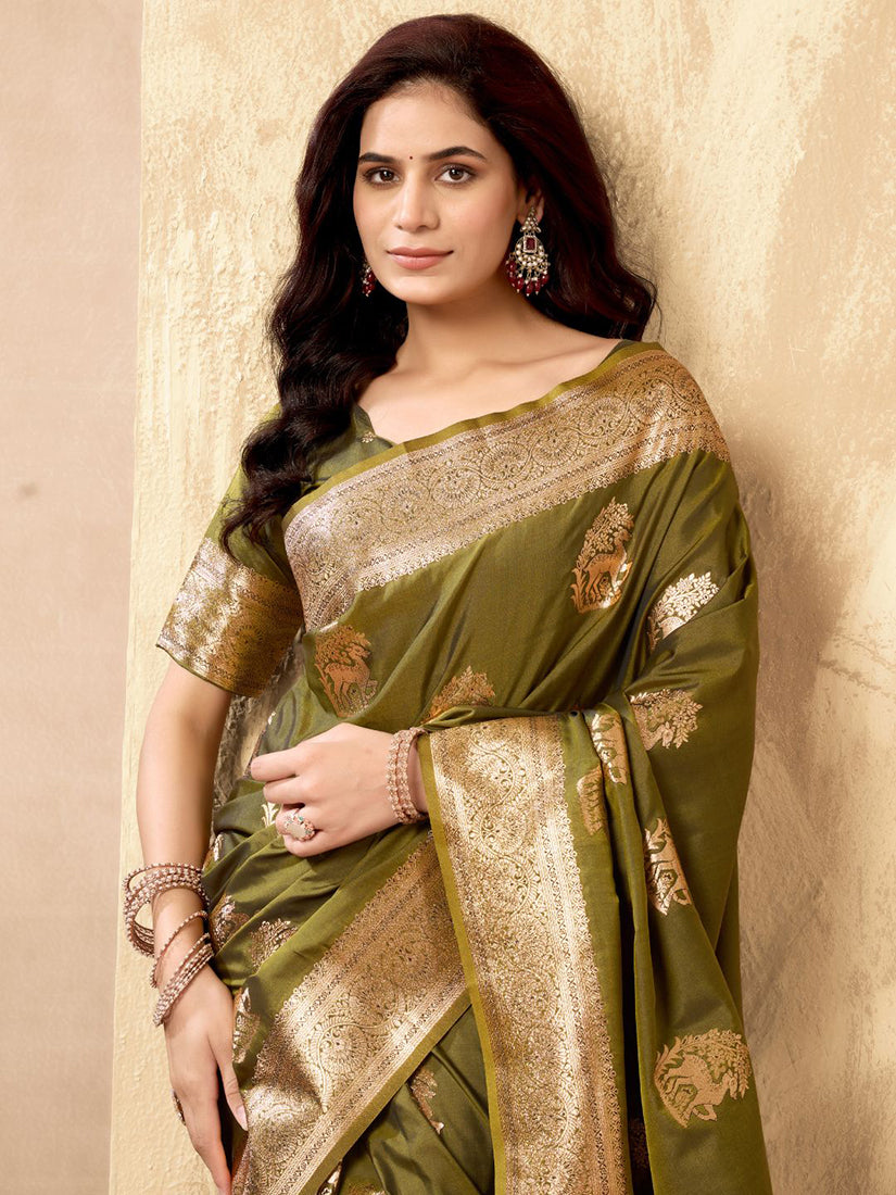 Monjolika Fashion Mehendi Green Banarasi Silk Blend Zari Weaving Saree With Blouse Piece