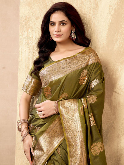Monjolika Fashion Mehendi Green Banarasi Silk Blend Zari Weaving Saree With Blouse Piece