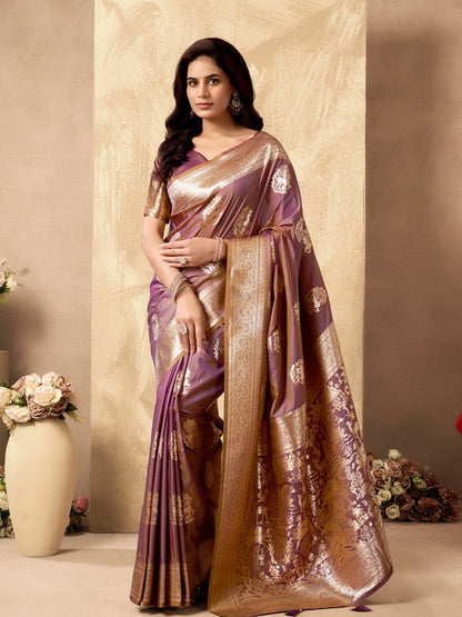 Monjolika Fashion Mauve Banarasi Silk Blend Zari Weaving Saree With Blouse Piece
