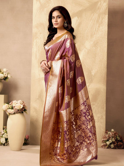 Monjolika Fashion Mauve Banarasi Silk Blend Zari Weaving Saree With Blouse Piece