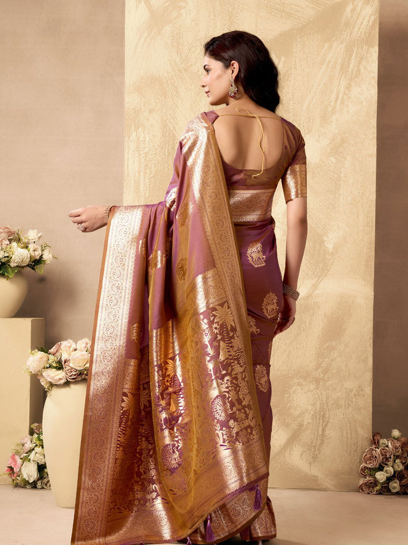 Monjolika Fashion Mauve Banarasi Silk Blend Zari Weaving Saree With Blouse Piece
