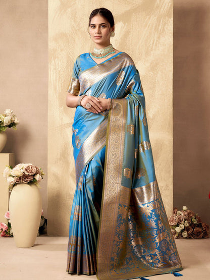 Monjolika Fashion Light Blue Banarasi Silk Blend Zari Weaving Saree With Blouse Piece