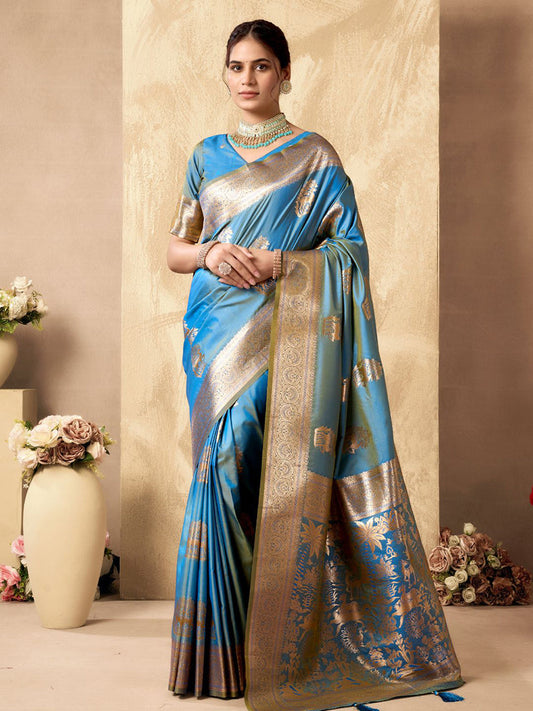 Monjolika Fashion Light Blue Banarasi Silk Blend Zari Weaving Saree With Blouse Piece