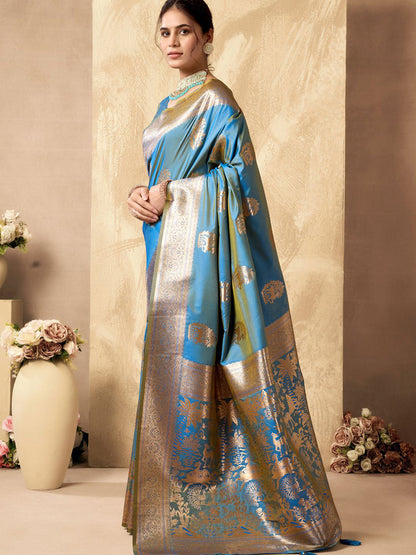 Monjolika Fashion Light Blue Banarasi Silk Blend Zari Weaving Saree With Blouse Piece
