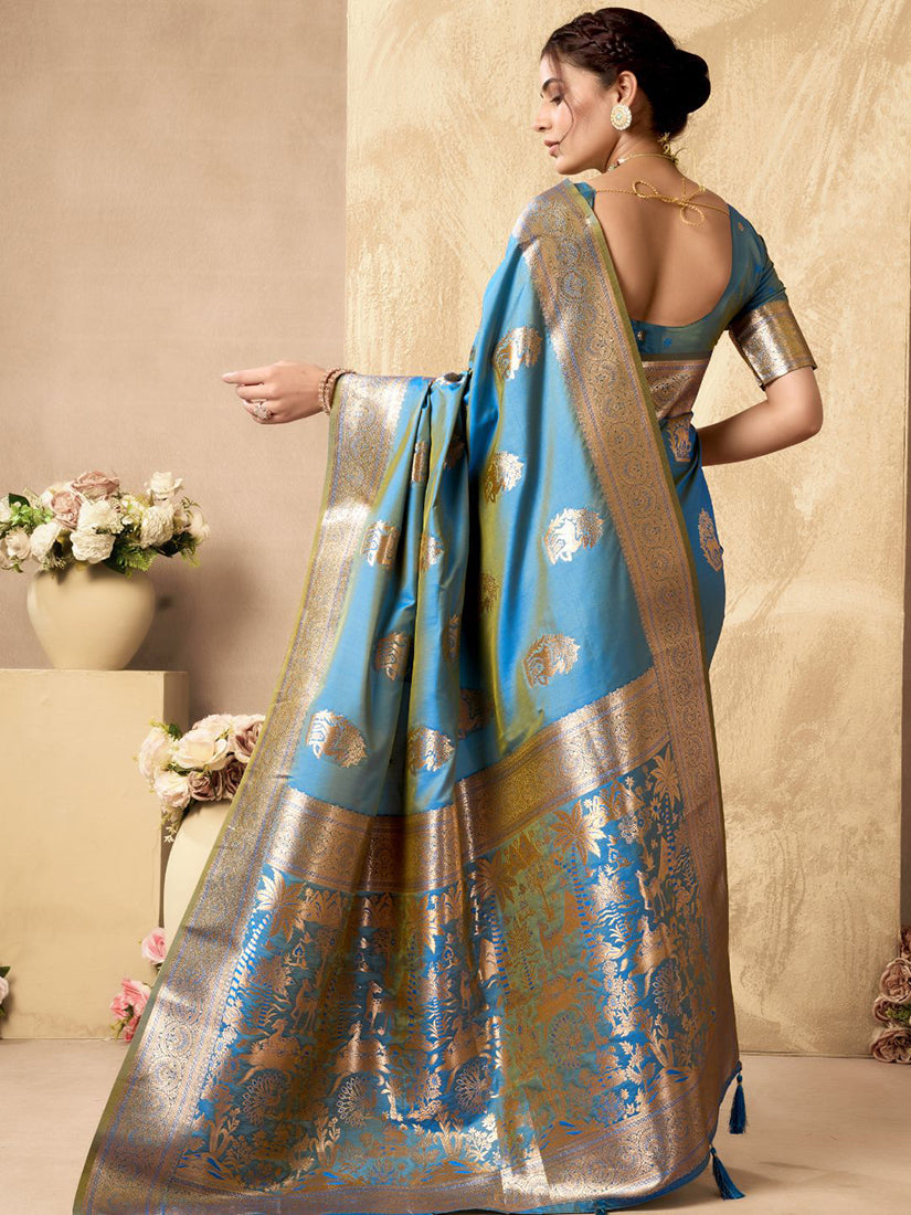 Monjolika Fashion Light Blue Banarasi Silk Blend Zari Weaving Saree With Blouse Piece