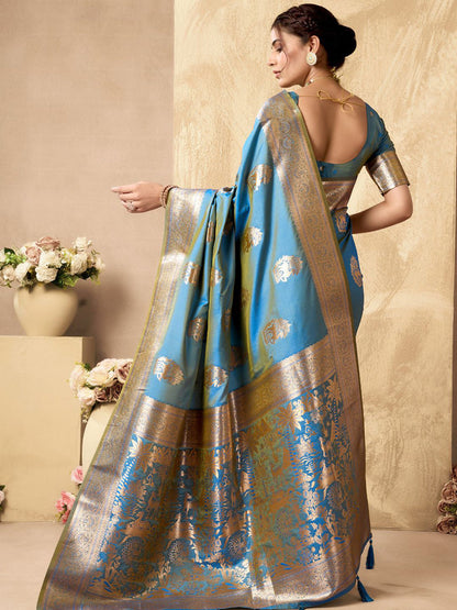 Monjolika Fashion Light Blue Banarasi Silk Blend Zari Weaving Saree With Blouse Piece