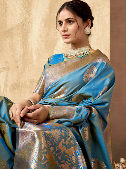 Monjolika Fashion Light Blue Banarasi Silk Blend Zari Weaving Saree With Blouse Piece