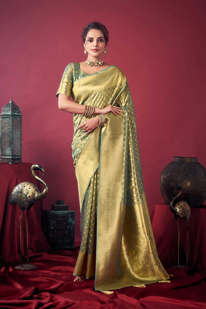 Monjolika Fashion Mint Green Soft Banarasi Tissue Silk Blend Weaving Saree With Blouse Piece