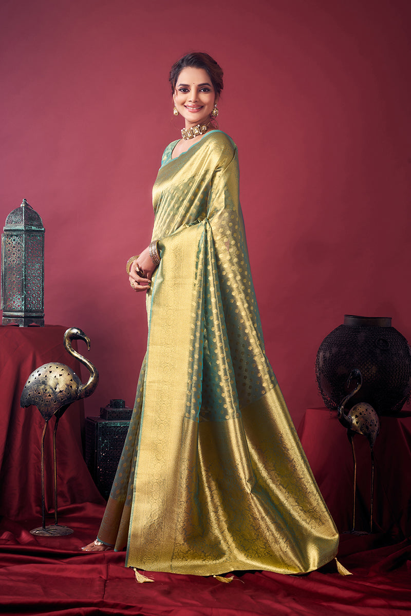 Monjolika Fashion Mint Green Soft Banarasi Tissue Silk Blend Weaving Saree With Blouse Piece