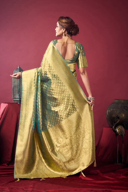 Monjolika Fashion Mint Green Soft Banarasi Tissue Silk Blend Weaving Saree With Blouse Piece