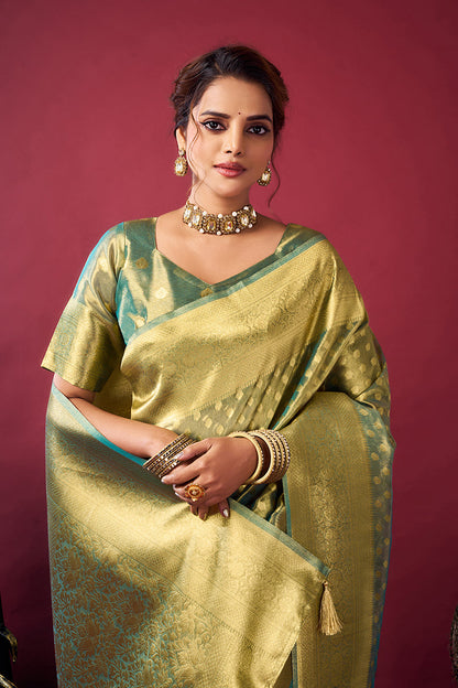 Monjolika Fashion Mint Green Soft Banarasi Tissue Silk Blend Weaving Saree With Blouse Piece