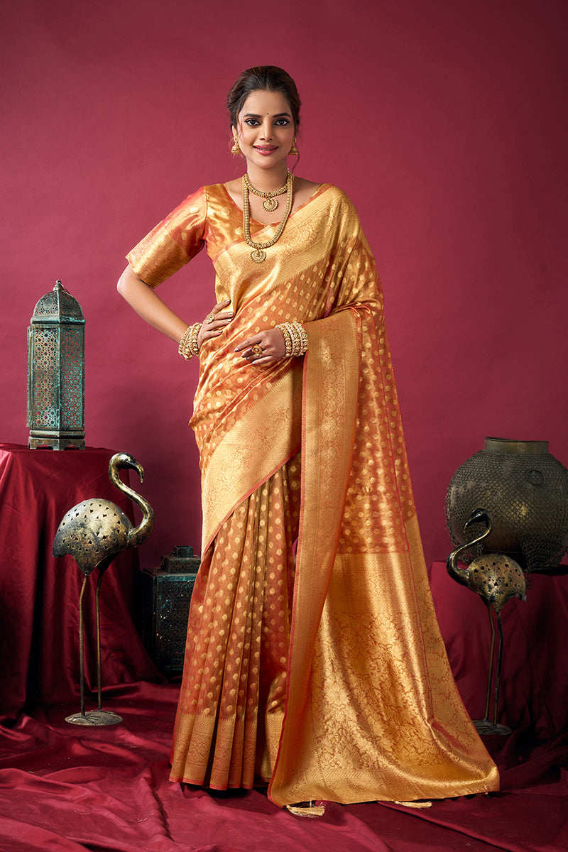 Monjolika Fashion Orange Soft Banarasi Tissue Silk Blend Weaving Saree With Blouse Piece