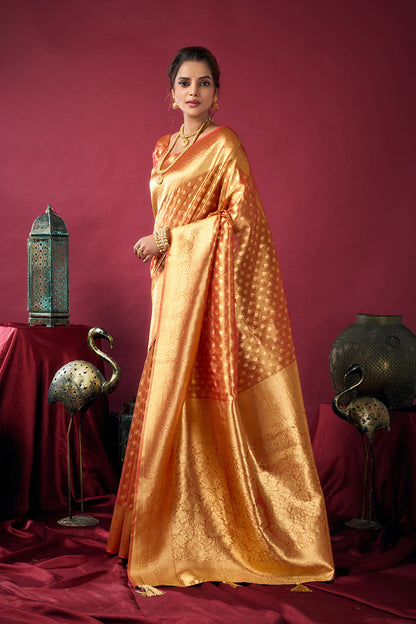 Monjolika Fashion Orange Soft Banarasi Tissue Silk Blend Weaving Saree With Blouse Piece