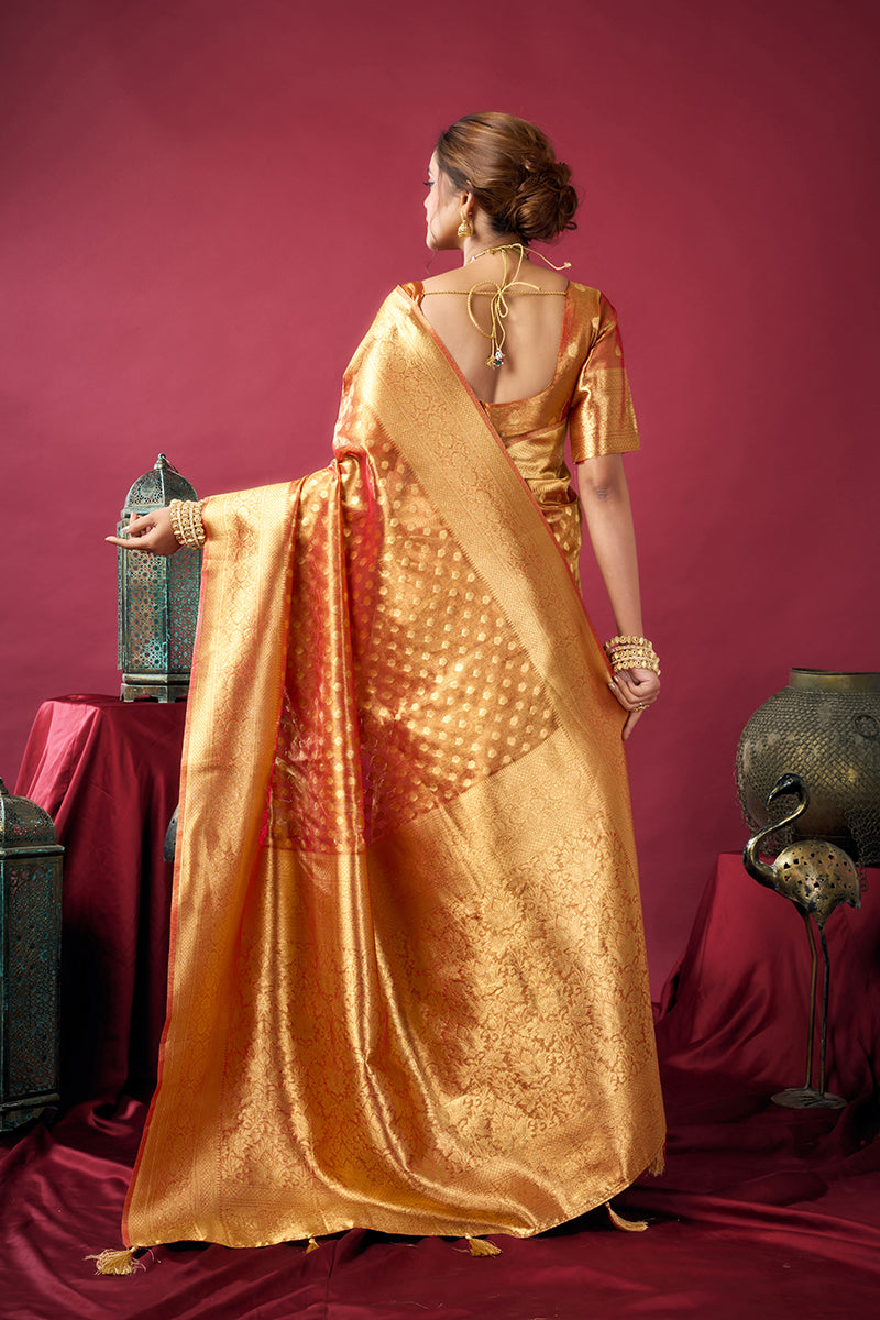 Monjolika Fashion Orange Soft Banarasi Tissue Silk Blend Weaving Saree With Blouse Piece