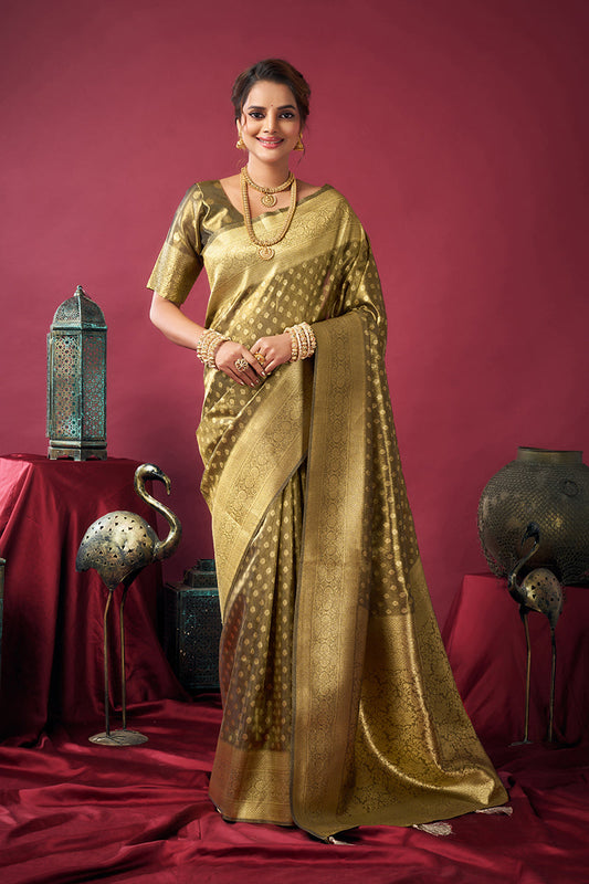 Monjolika Fashion Olive Green Soft Banarasi Tissue Silk Blend Weaving Saree With Blouse Piece