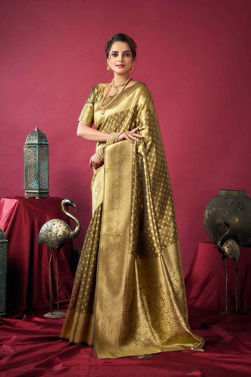 Monjolika Fashion Olive Green Soft Banarasi Tissue Silk Blend Weaving Saree With Blouse Piece