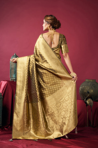 Monjolika Fashion Olive Green Soft Banarasi Tissue Silk Blend Weaving Saree With Blouse Piece