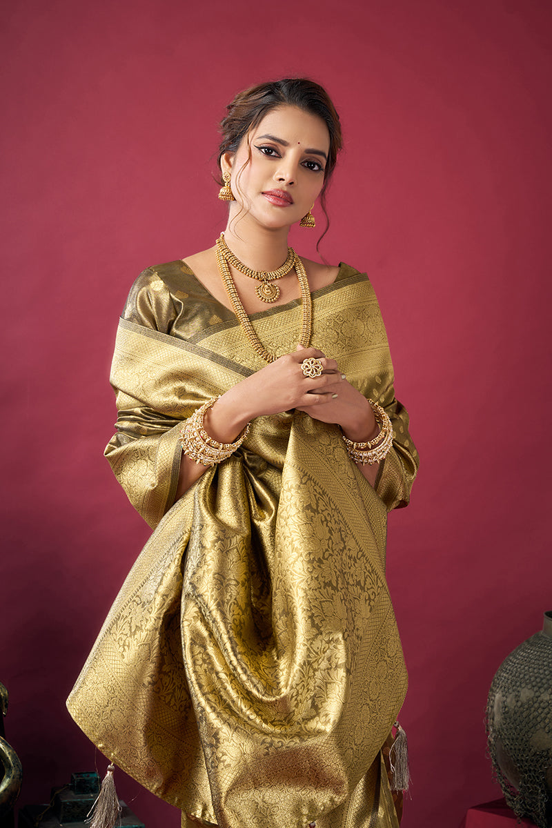 Monjolika Fashion Olive Green Soft Banarasi Tissue Silk Blend Weaving Saree With Blouse Piece
