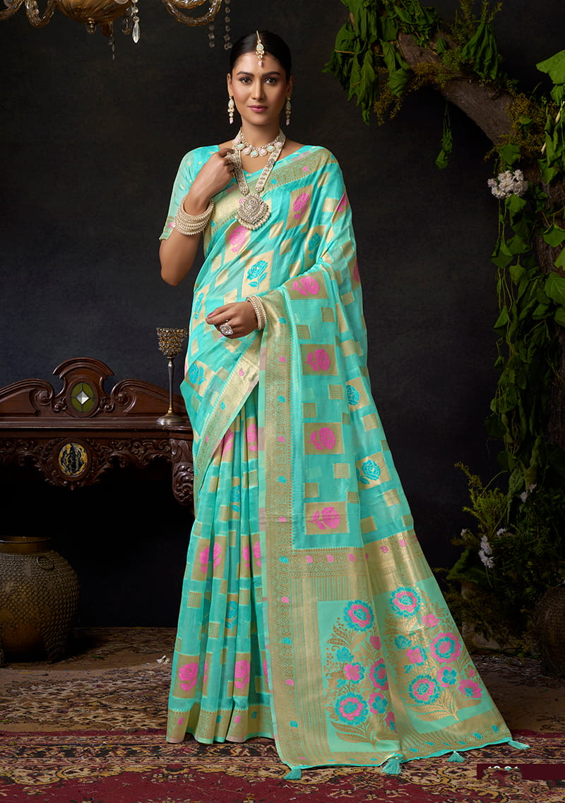 Monjolika Fashion Turquoise Organza Khadi Zari Weaving Saree with Blouse Piece