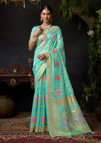 Monjolika Fashion Turquoise Organza Khadi Zari Weaving Saree with Blouse Piece