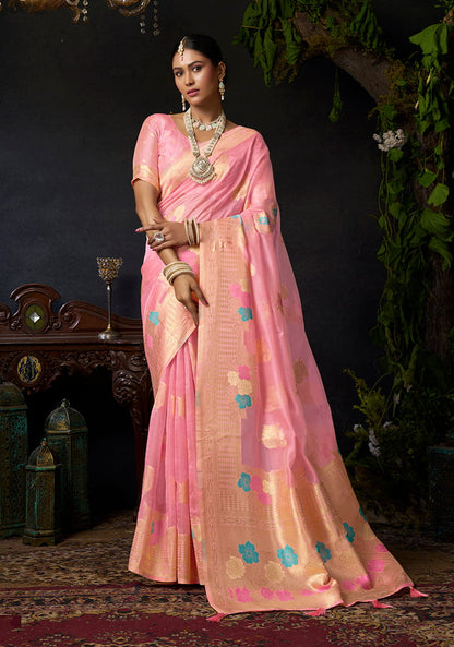 Monjolika Fashion Pink Organza Khadi Zari Weaving Saree with Blouse Piece