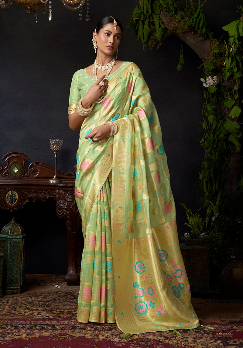 Monjolika Fashion Light Green Organza Khadi Zari Weaving Saree with Blouse Piece