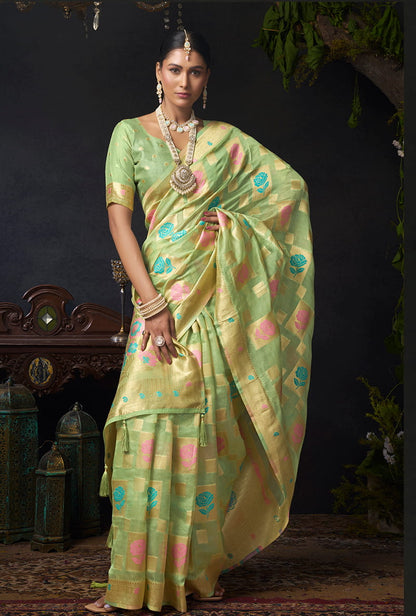 Monjolika Fashion Light Green Organza Khadi Zari Weaving Saree with Blouse Piece