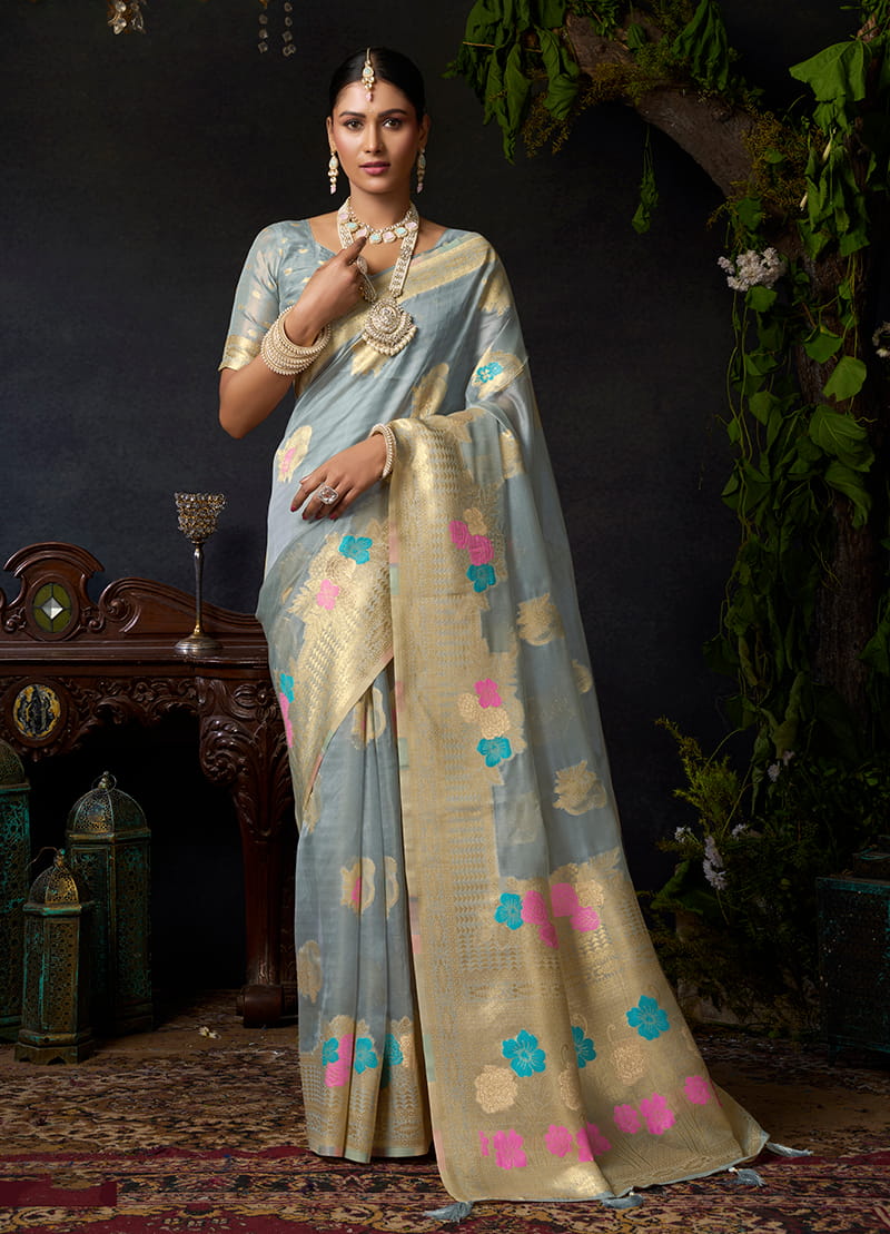 Monjolika Fashion Grey Organza Khadi Zari Weaving Saree with Blouse Piece