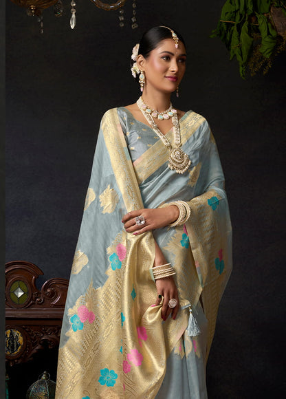 Monjolika Fashion Grey Organza Khadi Zari Weaving Saree with Blouse Piece
