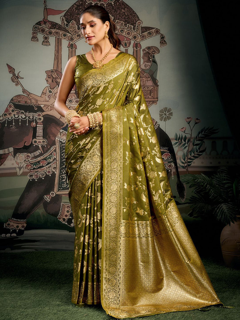 Monjolika Fashion Olive Green Woven Soft Kanjivaram Style Silk Blend Saree for Wedding