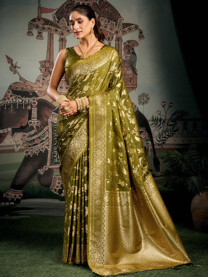 Monjolika Fashion Olive Green Woven Soft Kanjivaram Style Silk Blend Saree for Wedding
