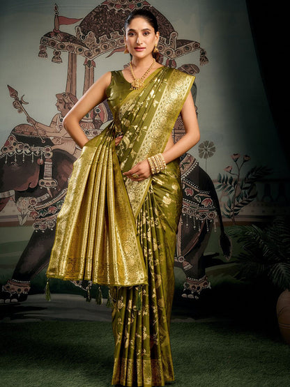 Monjolika Fashion Olive Green Woven Soft Kanjivaram Style Silk Blend Saree for Wedding